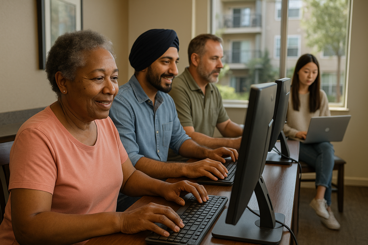 multicultural tenants in an apartment community using computers and internet access-1